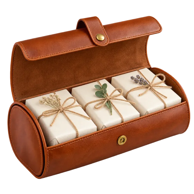 Open brown roll-shaped gift case containing small cream parcels