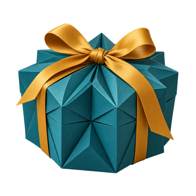 Faceted teal gift box tied with a golden yellow ribbon