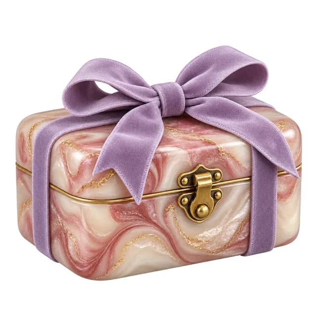 Pink marbled gift trunk with a lilac bow and gold-colored clasp