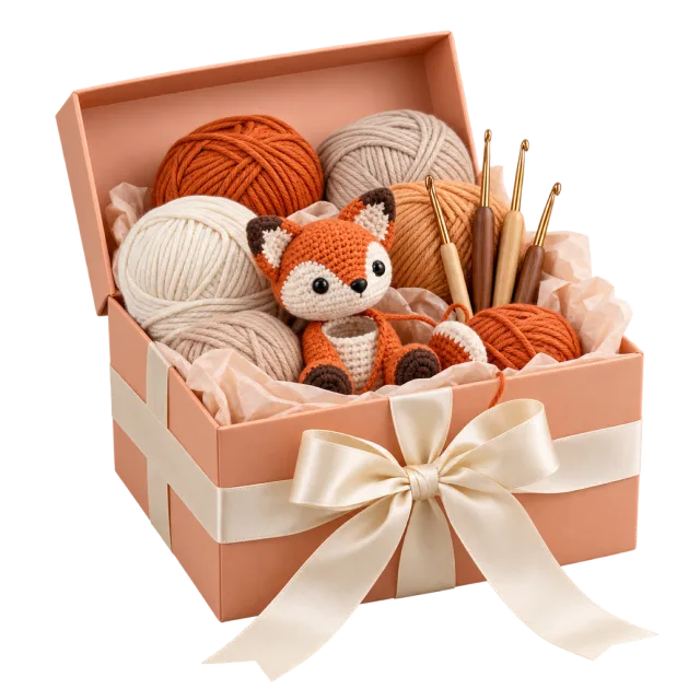 Open peach crochet gift kit with yarn balls, hooks and a small fox toy