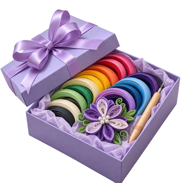 Purple quilling gift kit with colorful paper coils and a flower design