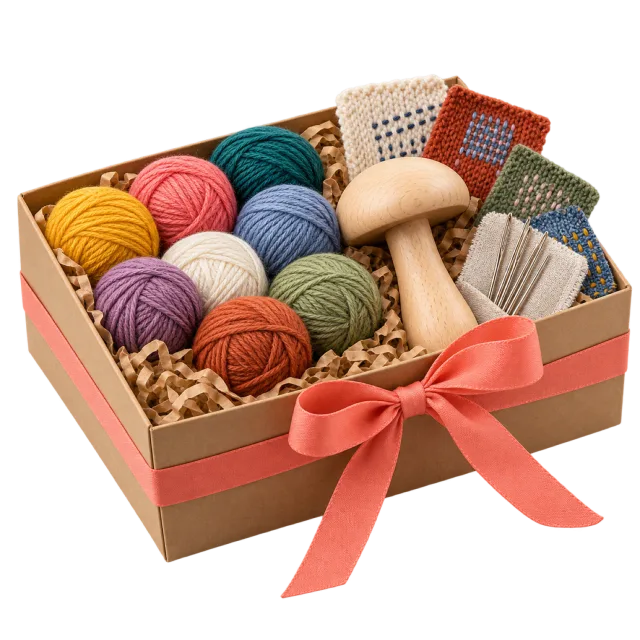 Open mending gift kit with colorful yarn, fabric patches and a wooden darning tool