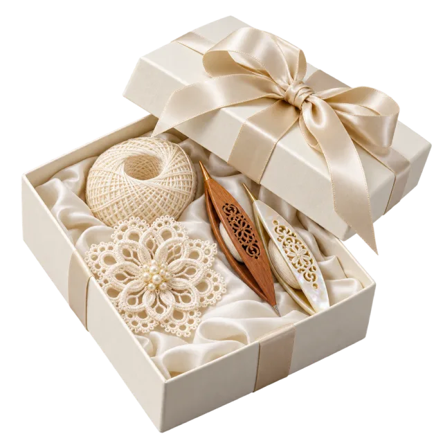Cream lace craft gift kit with thread, delicate lace pieces and a pale bow