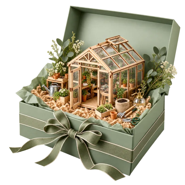 Sage green gift box containing a miniature greenhouse and small plants