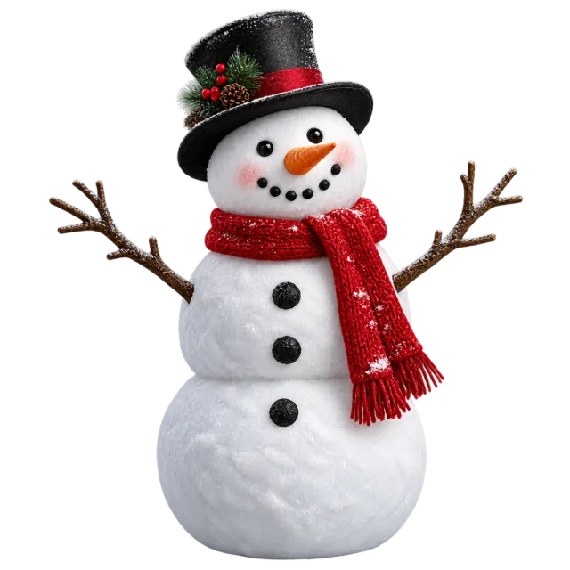 A smiling snowman with twig arms, a carrot nose, black top hat and red scarf