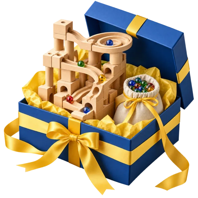 Blue gift box with a wooden marble run, colorful marbles and a yellow ribbon