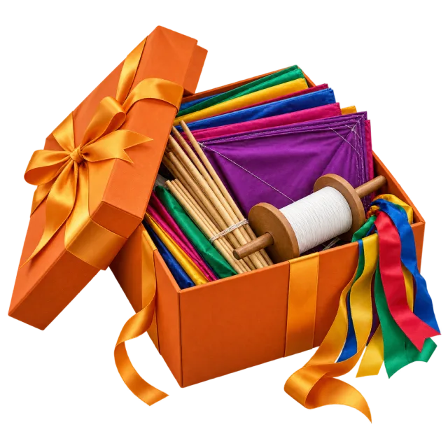 Orange kite-making gift box with bright fabric, wooden sticks and ribbon