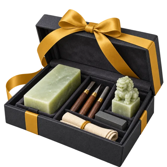 Black carving gift box with green stone pieces, tools and a gold-colored bow