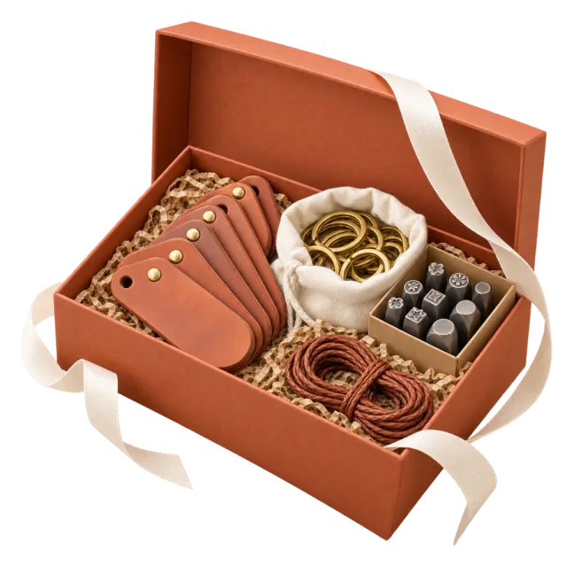 Terracotta gift box with leather keyring pieces, metal rings and cords