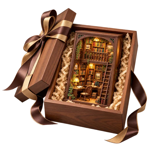 Brown gift box containing a miniature book nook with warmly lit shelves