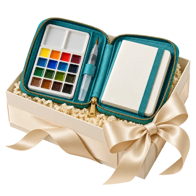 Cream gift box with an open teal watercolor palette, brush and blank paper