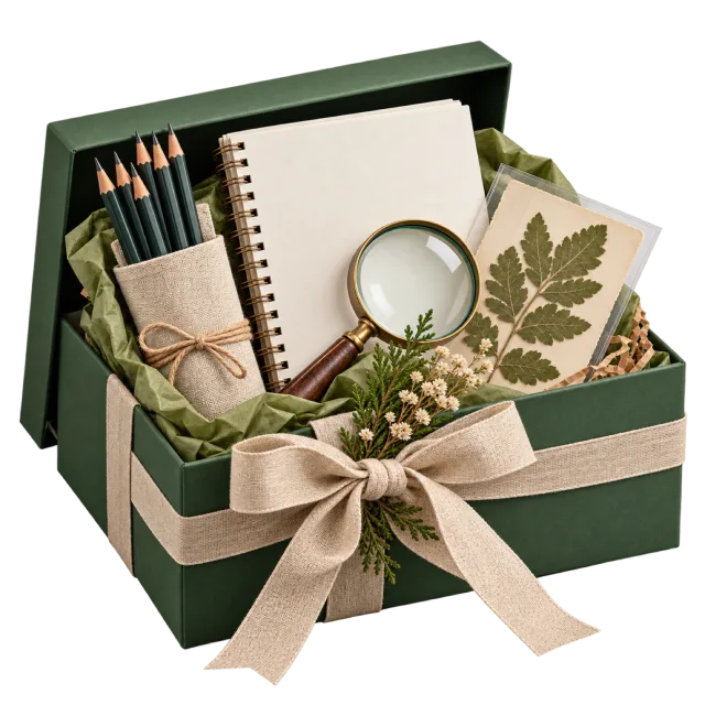 Dark green botanical drawing gift set with pencils, sketchbook and leaf studies