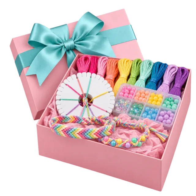 Pink friendship bracelet gift kit with bright threads and woven bracelets