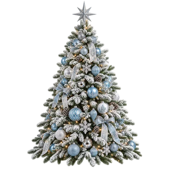 A snow-covered tree with blue and silver decorations and a silver star topper