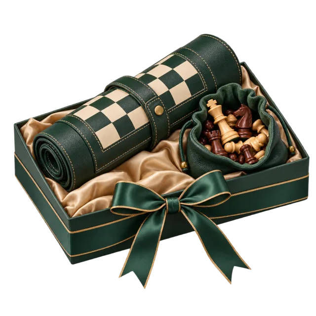 Green travel chess gift set with a rolled checkerboard and wooden pieces