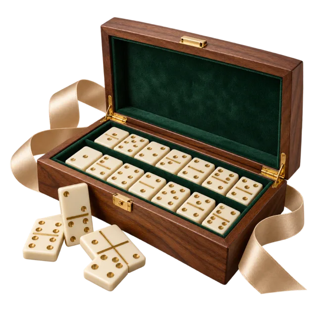 Open wooden domino gift box with green lining and an ivory ribbon