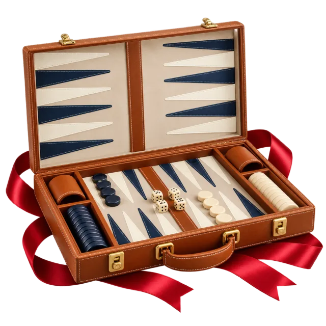 Open wooden backgammon gift case with cream and navy points and a red ribbon