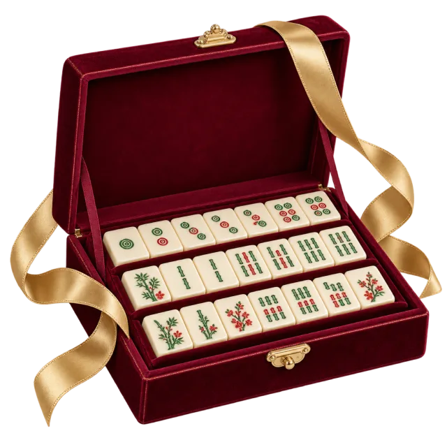 Open burgundy mahjong gift case with rows of tiles and a gold-colored ribbon