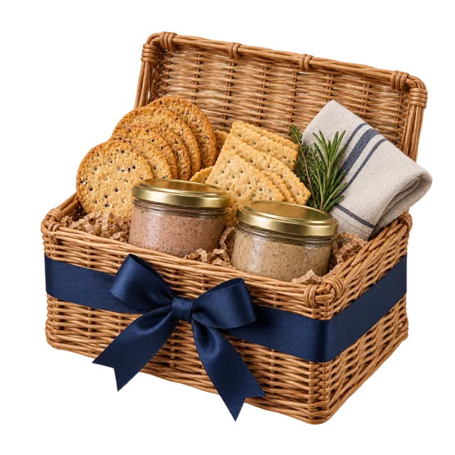 Wicker hamper containing crackers, two tins and a folded cloth with a navy bow