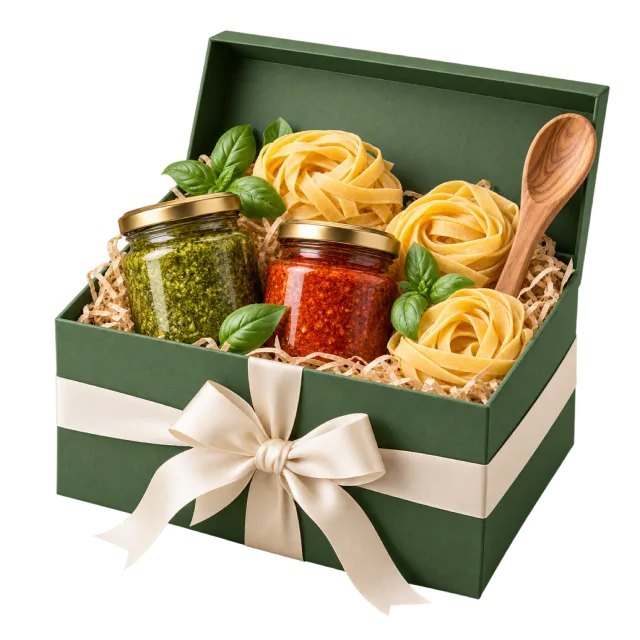 Green pasta gift box with pasta nests, sauce jars and a wooden spoon