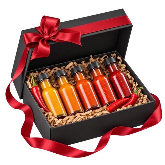 Open black hot sauce gift box with colorful bottles and a red ribbon