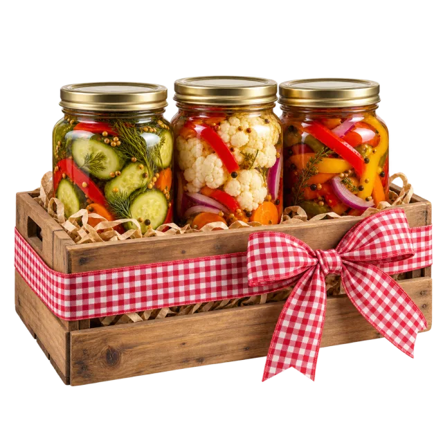 Wooden pickle gift crate with three vegetable jars and a red gingham bow