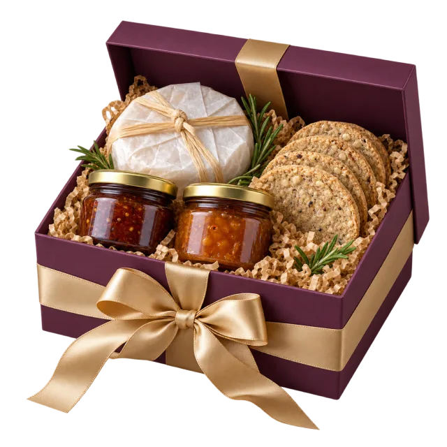 Burgundy gift box containing cheese, crackers and small condiment jars