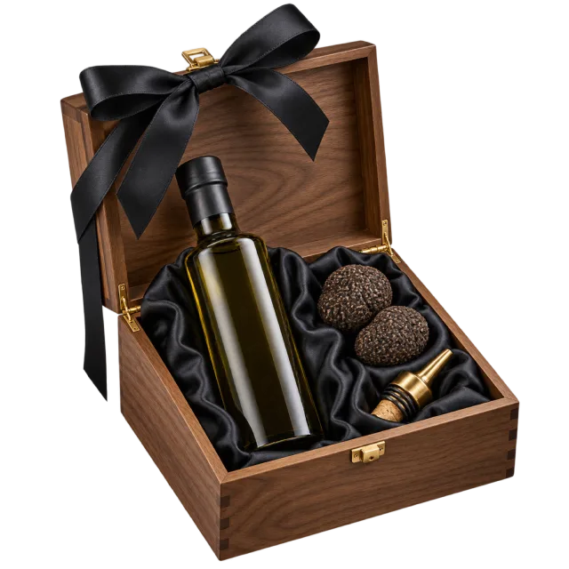 Open wooden gift case with a dark oil bottle, truffles and a black ribbon