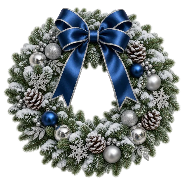 A snow-dusted evergreen wreath with blue and silver baubles and a blue ribbon
