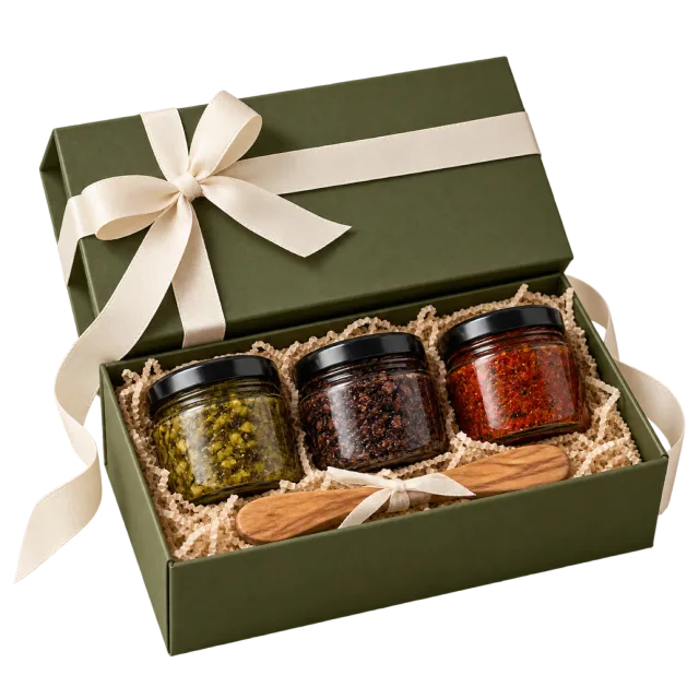 Olive green gift box with three jars of spreads and a cream bow