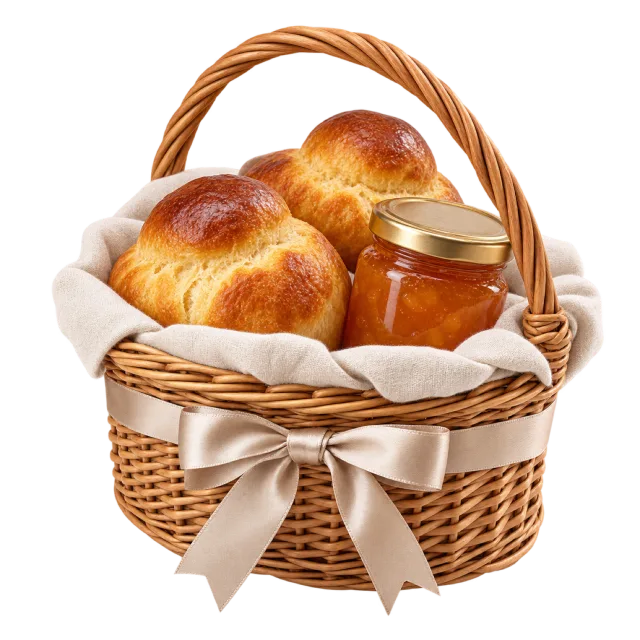 Wicker breakfast basket with golden brioche rolls, jam and an ivory ribbon