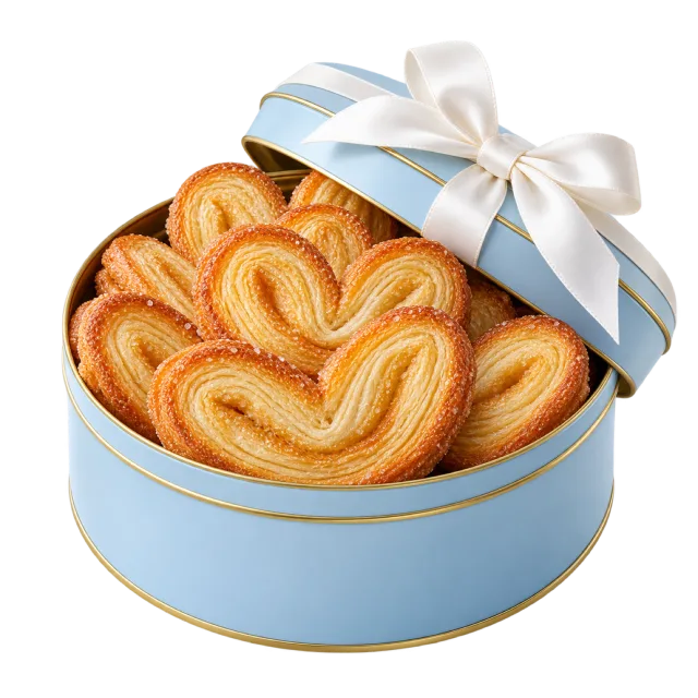 Pale blue gift tin filled with heart-shaped palmier pastries