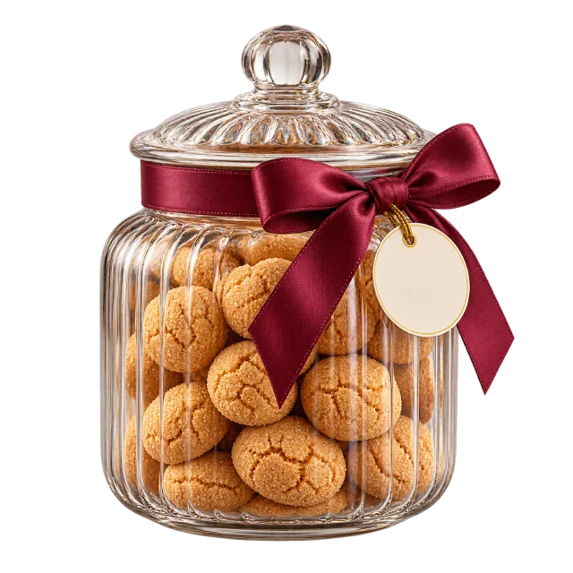 Clear lidded biscuit jar with round amaretti cookies and a burgundy ribbon