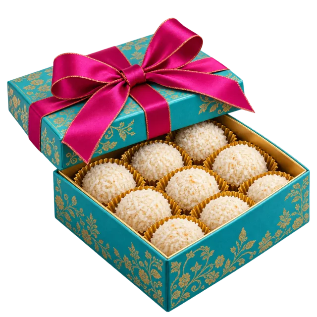 Teal patterned gift box with white coconut sweets and a bright pink bow