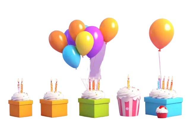 Row of colorful gift boxes with birthday candles and floating balloons on a transparent background