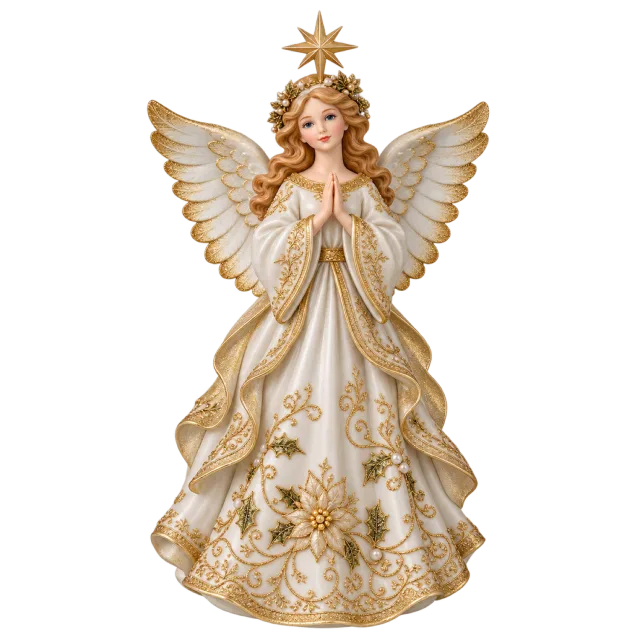 A praying angel with golden wings, an ivory gown and a small star above her head