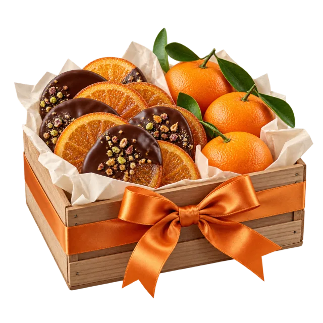 Wooden gift crate with oranges and chocolate-dipped citrus slices