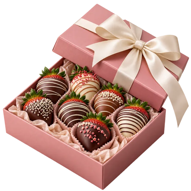 Pink gift box filled with decorated chocolate-covered strawberries