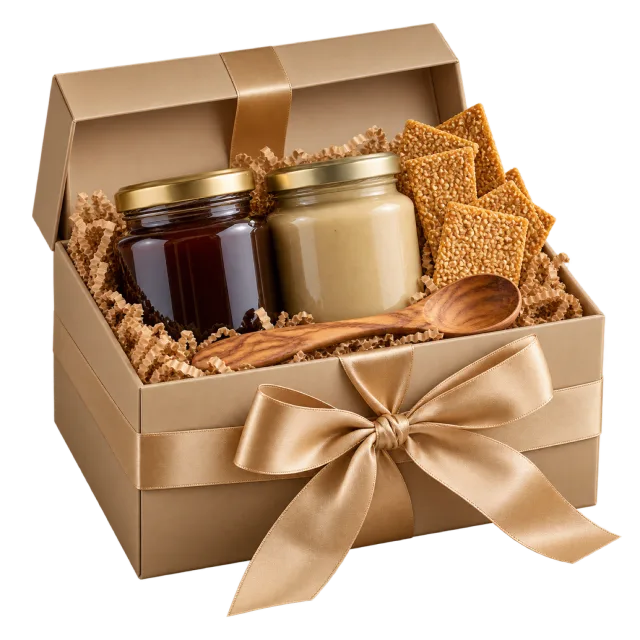 Kraft gift box with dark syrup, pale sesame spread and crackers