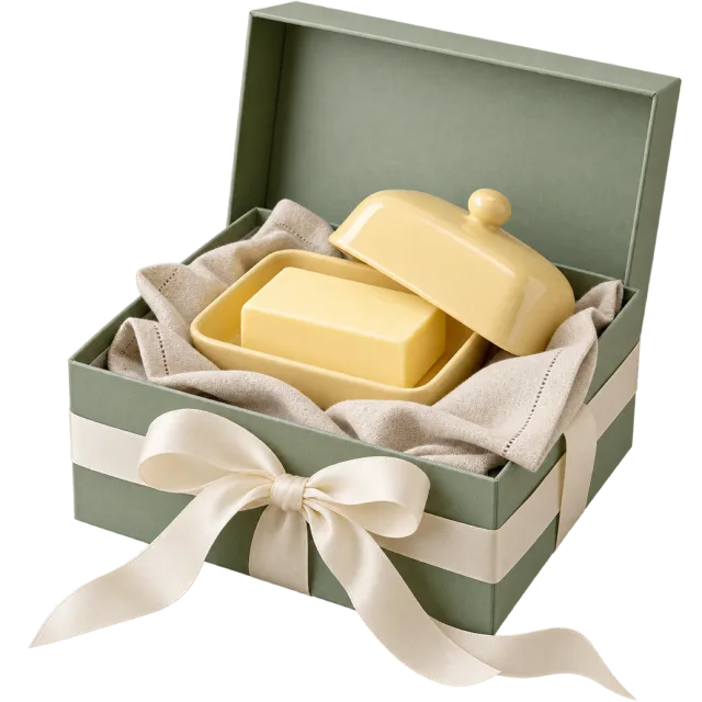 Sage green gift box with a yellow butter dish and a cream bow
