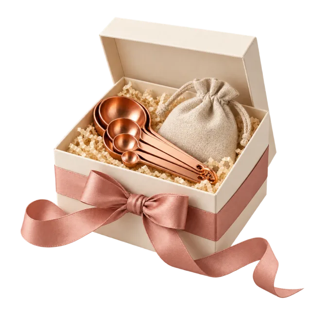 Cream gift box with copper-colored measuring spoons and a small drawstring pouch