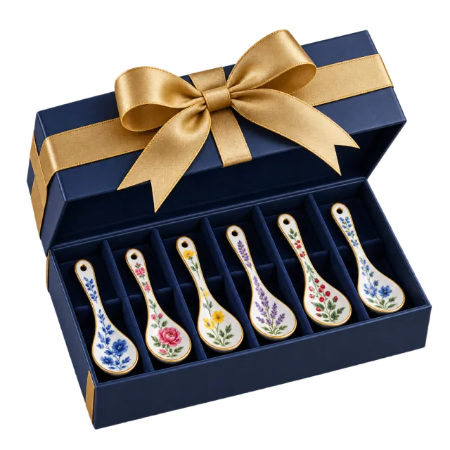 Navy gift box with five floral porcelain spoons and a gold-colored bow