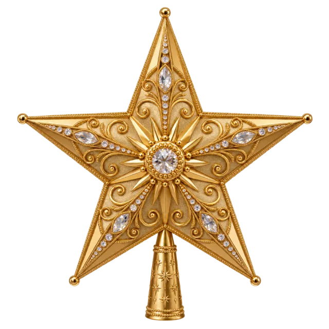 A five-pointed gold star topper with decorative scrollwork and a central jewel