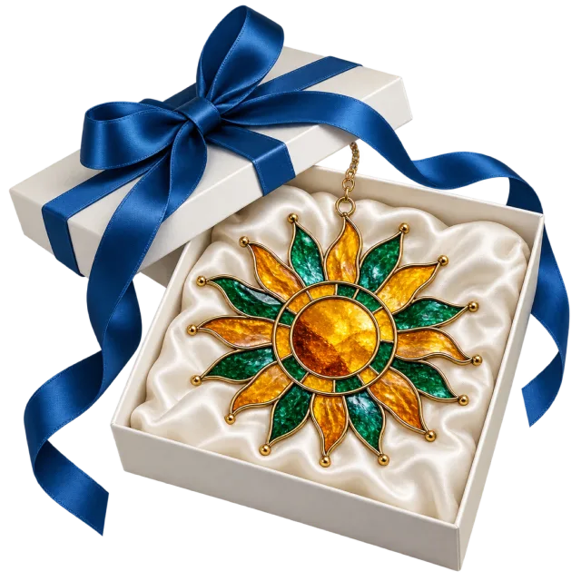 White gift box with a sunflower-shaped glass ornament and a navy bow