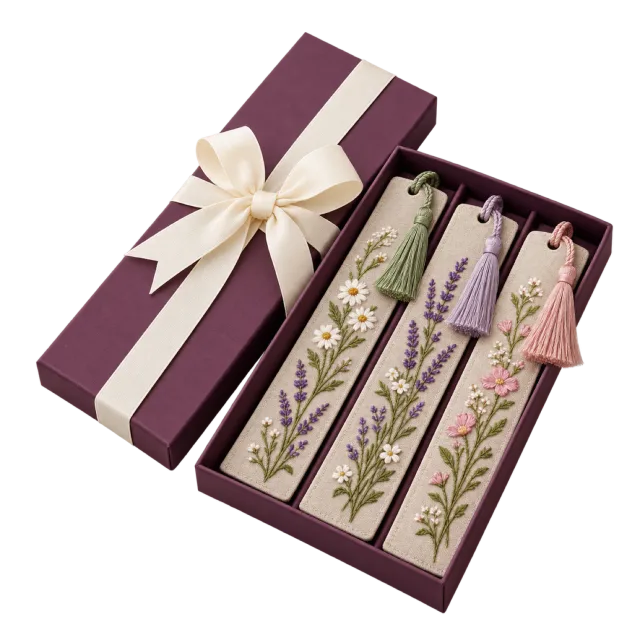 Burgundy gift box with three floral embroidered bookmarks and tassels