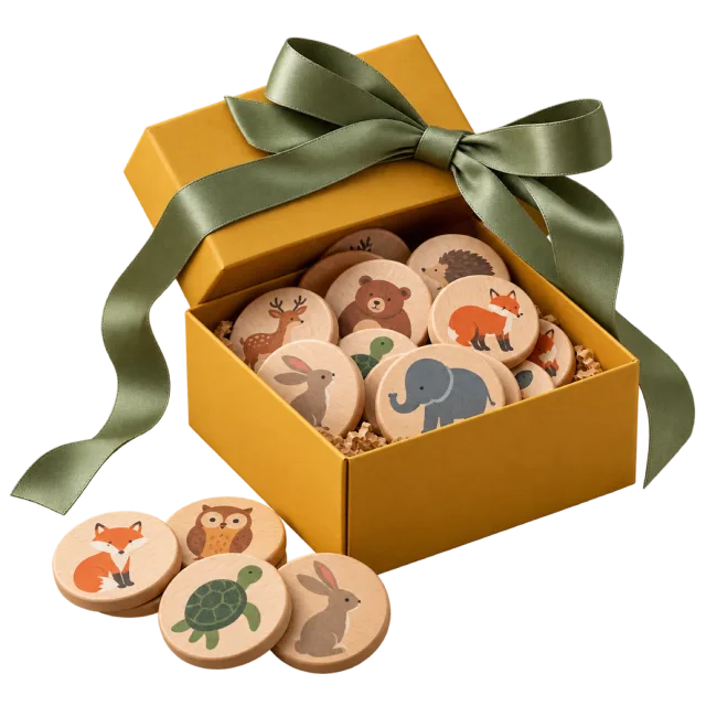 Yellow gift box containing round wooden animal memory game pieces