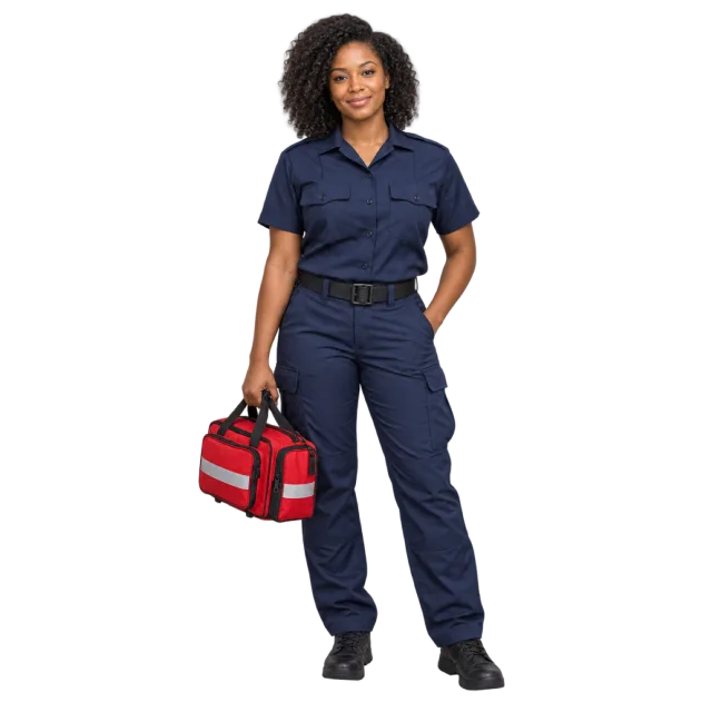 Woman in a navy uniform holding a red emergency bag