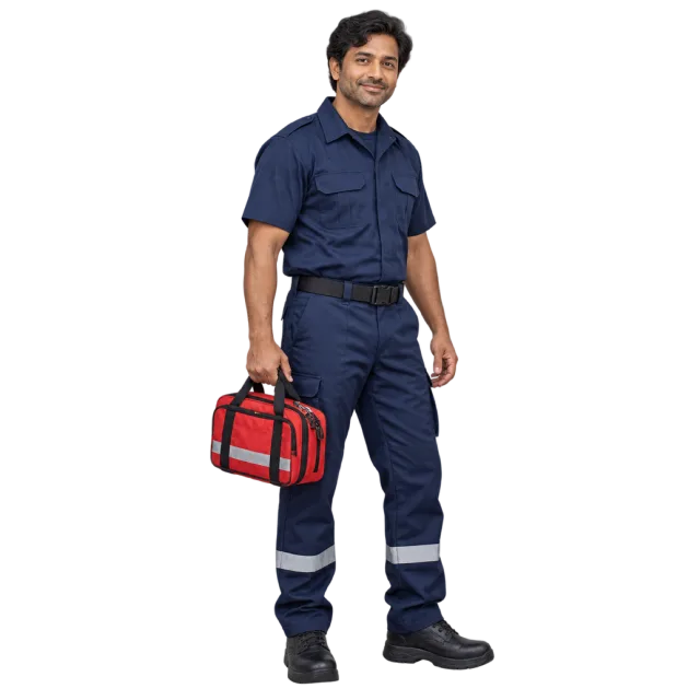 Man in a navy uniform with reflective trouser bands holding a red emergency bag