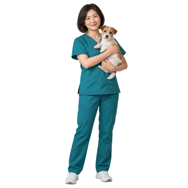 Woman in teal scrubs cradling a small dog