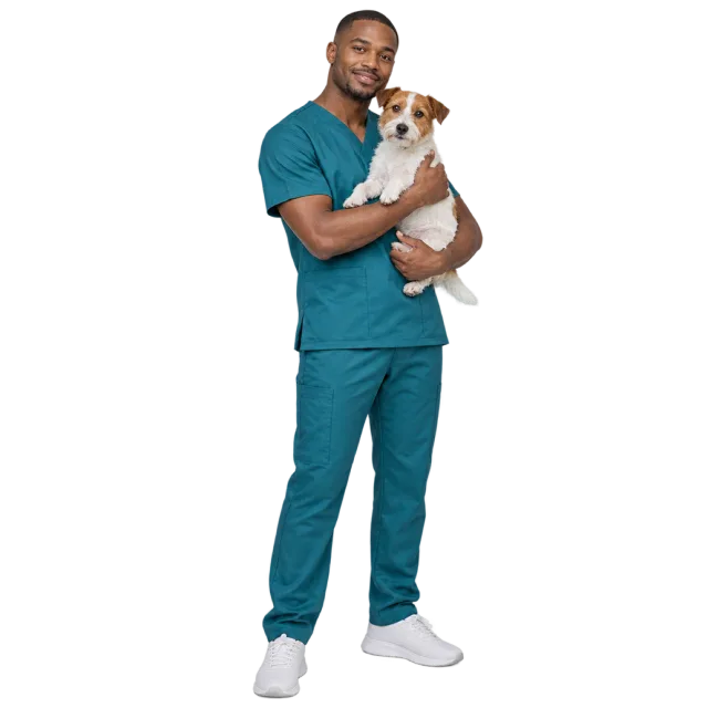 Man in teal scrubs holding a small dog against his chest